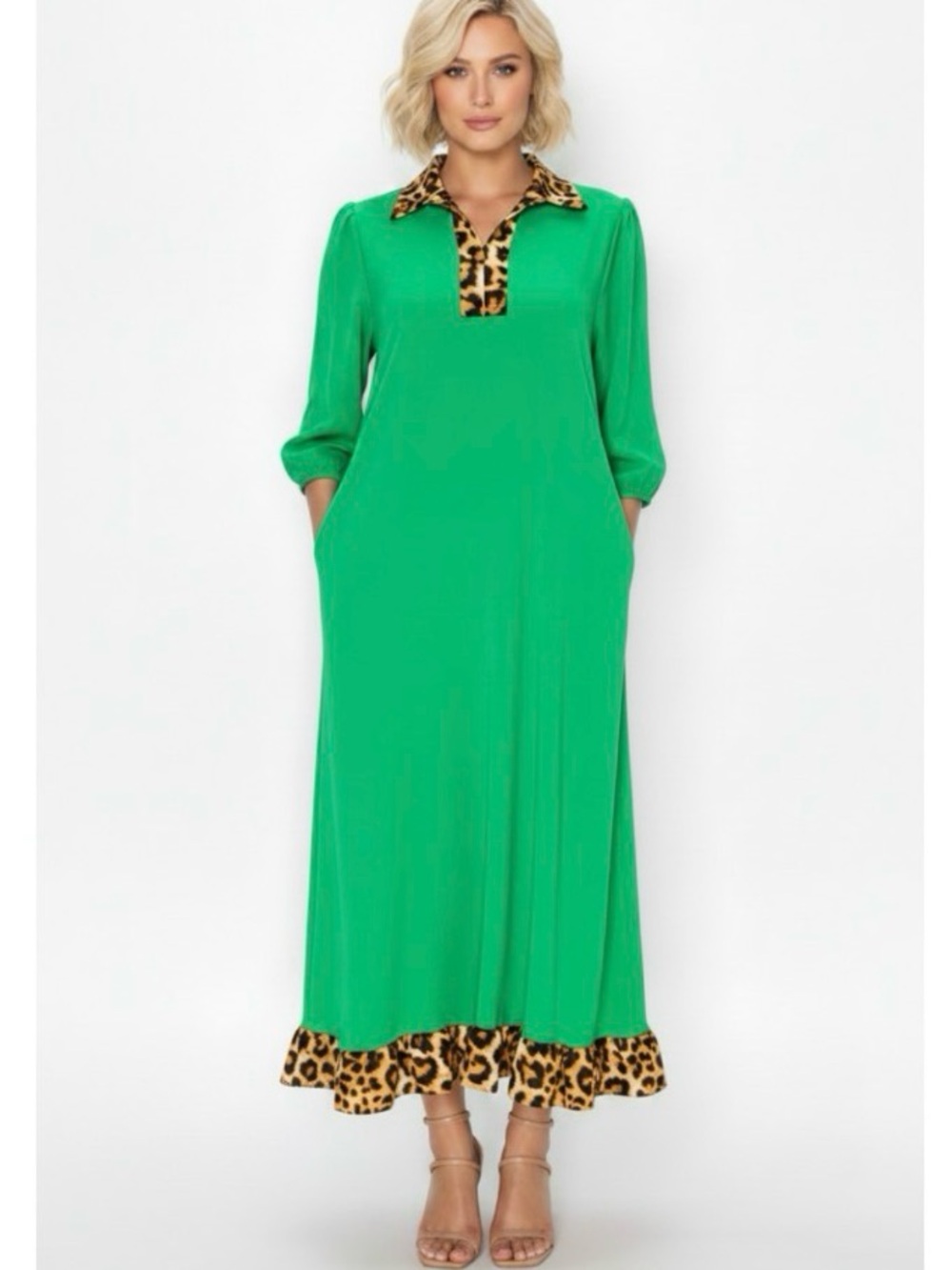 Green Maxi Dress with Leopard Trim
